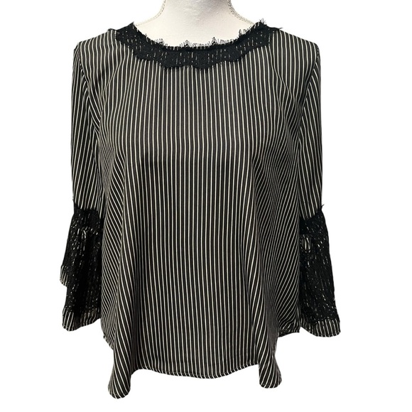 THML Blouse Womens Medium Black White Strip Lace 3/4 Sleeve Velvet Back Tie - Picture 1 of 16